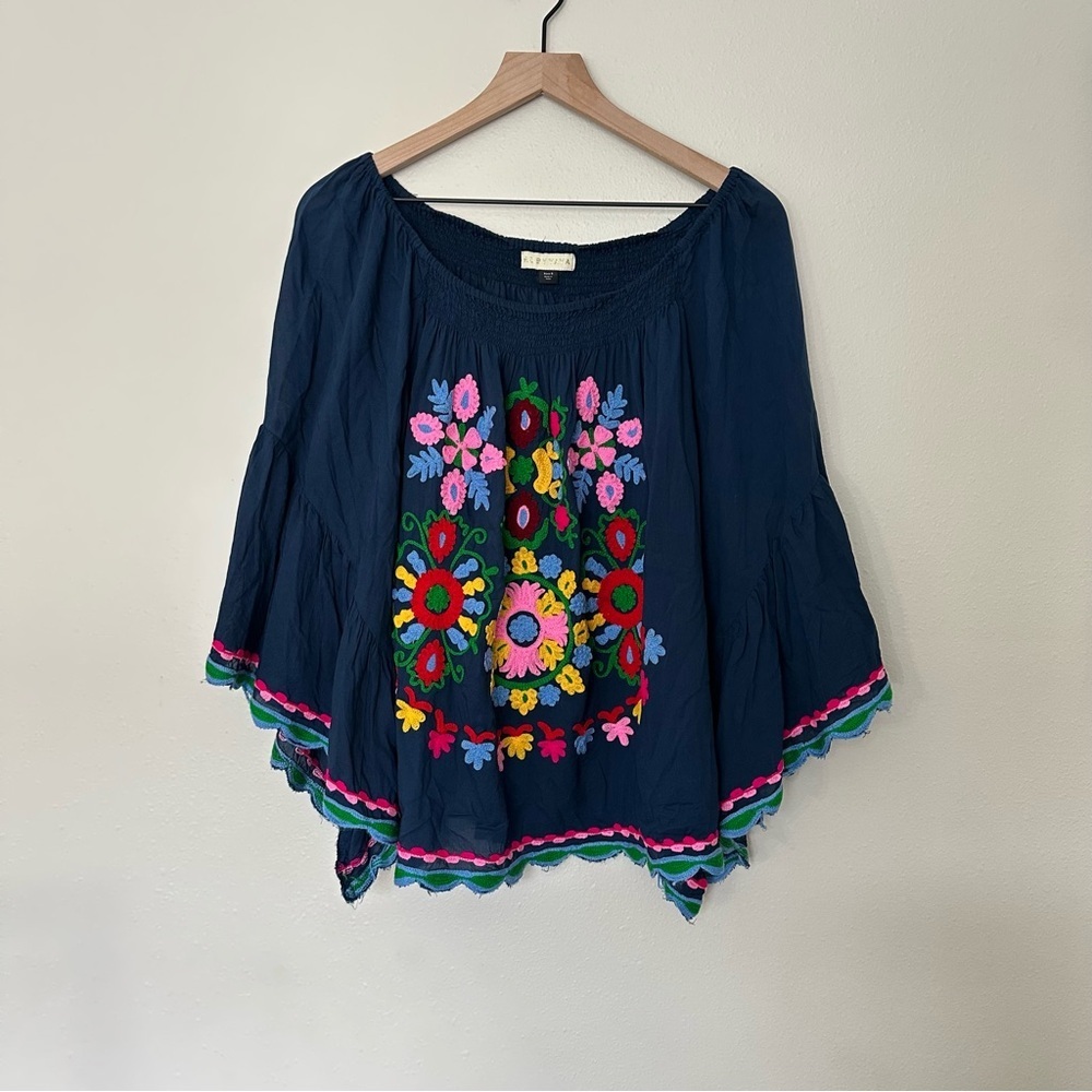 RUBY YAYA Bohemian Embroidered Women M Navy Floral‎ Bell Butterfly Sleeve Top
